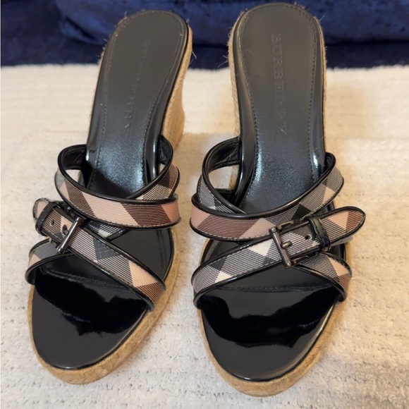 Burberry Black and Tan Plaid Wedge Sandals - Picture 3 of 12